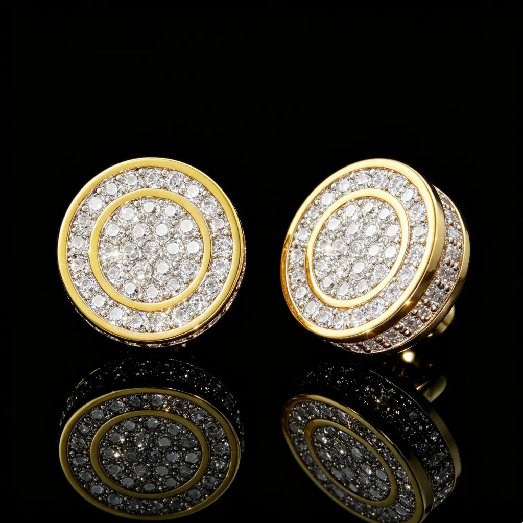Gold Iced Out Concentric Round Hip Hop Stud Earrings For Men, 14K Gold  and 18K Plated Double Circle Fully Paved Sparkling Moissanite Screw Back Earrings, Luxury Bling Hip-hop Streetwear Jewelry, Product Shot On Black Gloss Reflective Surface, RDRIP JEWELRY

