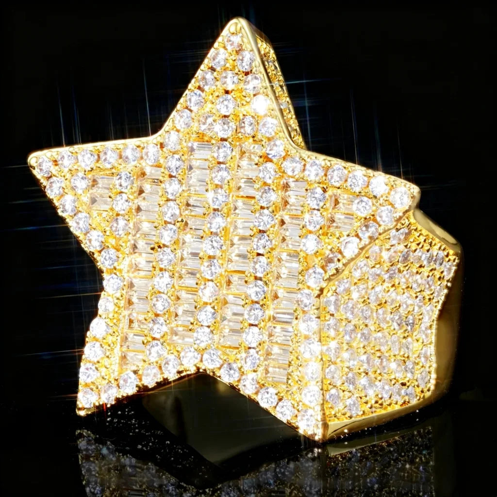 Macro close‑up detail view of men 18k gold‑plated 3D micro‑pave pentagram star iced out ring, densely hand‑set mixed baguette cut and round cut AAA cubic zirconia stones, heavy bulky hip‑hop rapper statement jewelry, bright sparkling bling effect, black glossy background, luxury urban men’s ring, RDRIP JEWELRY
