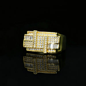 Gold tone stacked baguette iced out men hip hop ring, layered pave rhinestone wide band rapper jewelry, luxury bling urban statement ring for men RDRIP JEWELRY
