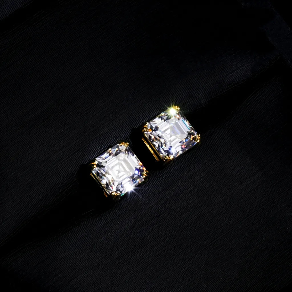 Gold Plated Asscher Cut VVS Moissanite Solitaire Stud Earrings, Four Prong Setting, Sparkling Unisex Iced Hip Hop Ear Jewelry RDRIP JEWELRY
