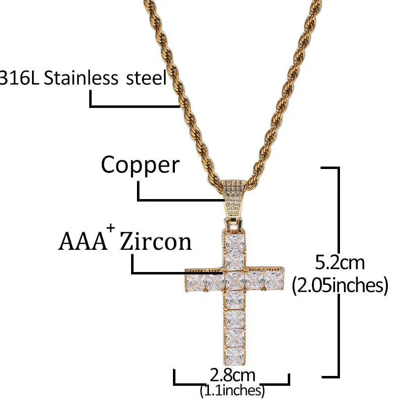 Gold tone baguette iced cross pendant dimension specification chart on white background, shows pendant height 5.2cm width 2.8cm, 316L stainless steel rope chain, copper setting, aaa plus zircon stones, hip hop cross necklace size infographic RDRIP JEWELRY
