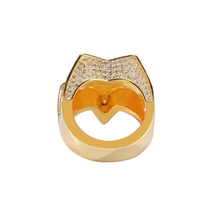 Back‑view studio shot of men’s gold‑plated iced out double pentagram star hip hop ring, showing inner hollow back construction, polished smooth band interior, top surface fully micro‑paved with hand‑set AAA white cubic zirconia stones, heavy‑weight bling rap statement ring, premium men streetwear jewelry for collection and gifting from RDRIP JEWELRY
