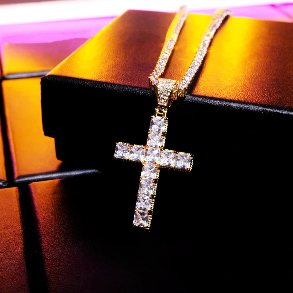 Gold tone iced out baguette cut cross pendant for men women,18k gold plated stainless steel hip hop necklace set with flawless vvs simulated diamonds,shiny bling bling streetwear fashion jewelry RDRIP JEWELRY
