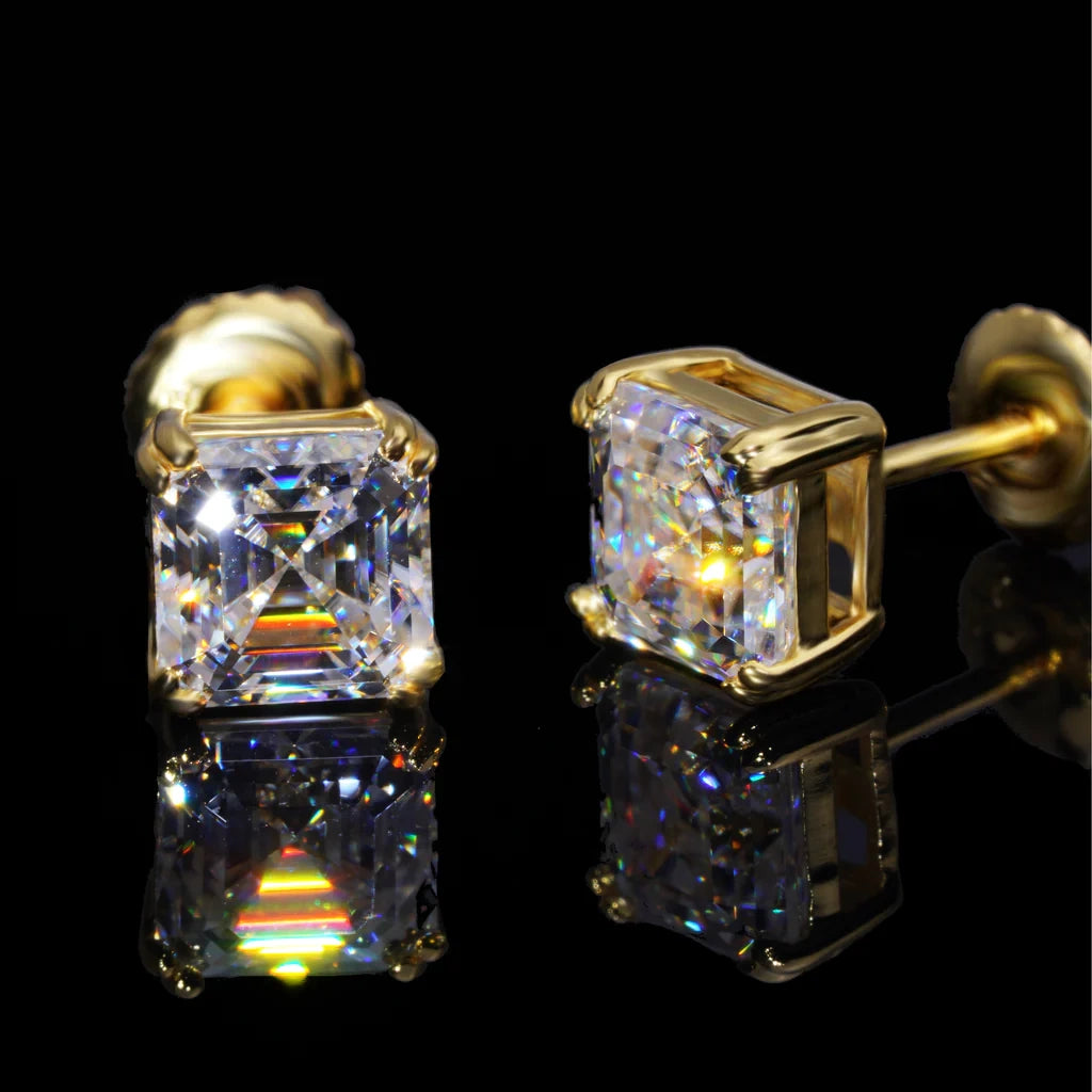 D-E Color VVS Clarity Asscher Cut Moissanite Stud Earrings, Gold Plated S925 Silver Four Prong Screw Back Earrings, Luxury Hip Hop Accessories for Men & Women RDRIP JEWELRY
