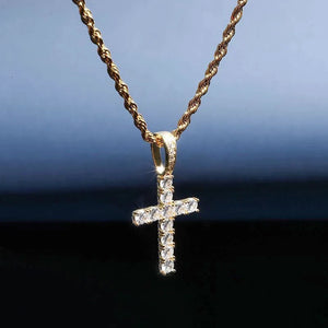 gold toned 925 sterling silver bling classic cross pendant hanging floating shot, iced with flawless vvs simulated diamonds, matched with durable gold rope chain, religious hip hop pendant necklace for men RDRIP JEWELRY
