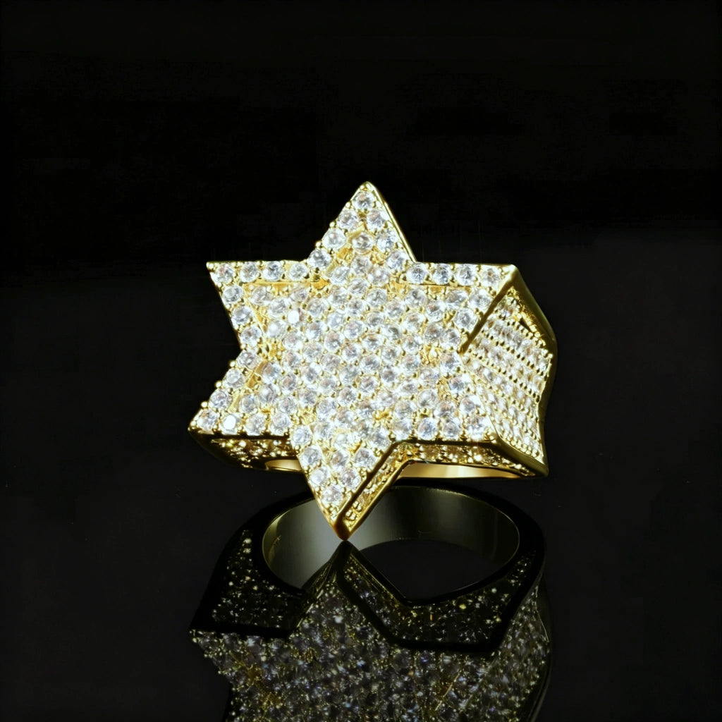 Heavy men hip hop full pave iced out solid 3D micro inlay pentagram rhinestone ring heavy solid band bling star statement ring shot on black reflective background high shine hip hop jewelry for men RDRIP JEWELRY
