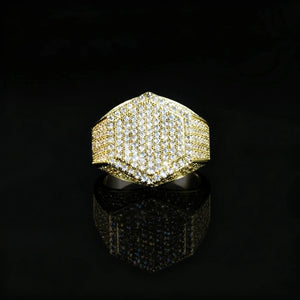 Gold plated men hip‑hop hexagon signet ring full front view shot full micro‑inlay pave set brilliant cubic zirconia stones icy bling hexagonal rapper statement ring polished gold finish with sparkling crystal shine clear mirror reflection on glossy black background luxury men jewelry RDRIP JEWELRY
