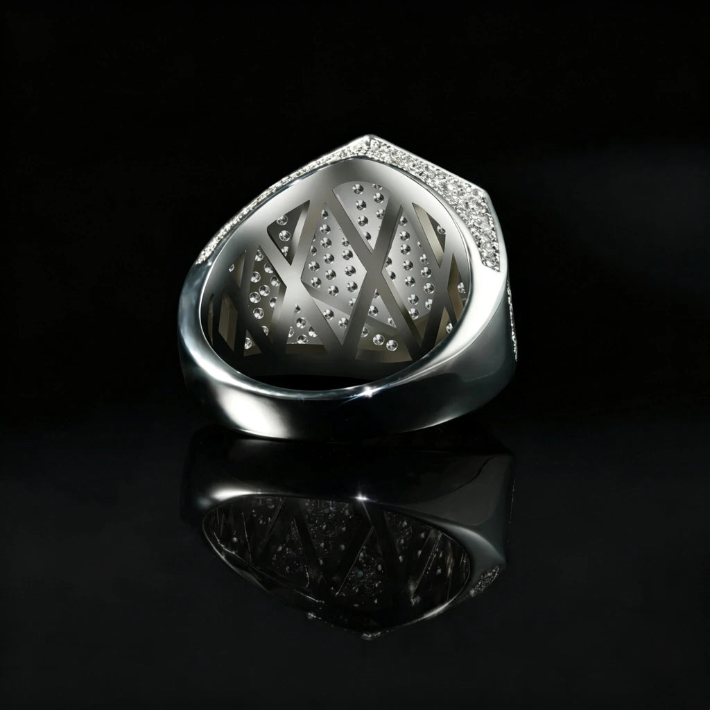 Silver finish hexagon iced out pave micro‑inlay men signet ring bottom inner hollow lattice structure detail view showcasing open‑work cut‑out craftsmanship cubic zirconia hip hop men ring polished silver metal back side product shot with mirror reflection on glossy black background luxury rapper bling jewelry RDRIP JEWELRY
