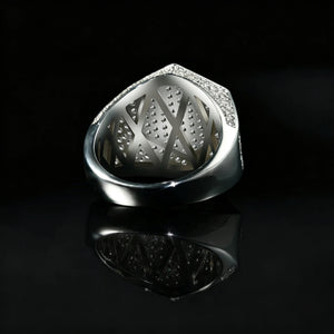Silver finish hexagon iced out pave micro‑inlay men signet ring bottom inner hollow lattice structure detail view showcasing open‑work cut‑out craftsmanship cubic zirconia hip hop men ring polished silver metal back side product shot with mirror reflection on glossy black background luxury rapper bling jewelry RDRIP JEWELRY
