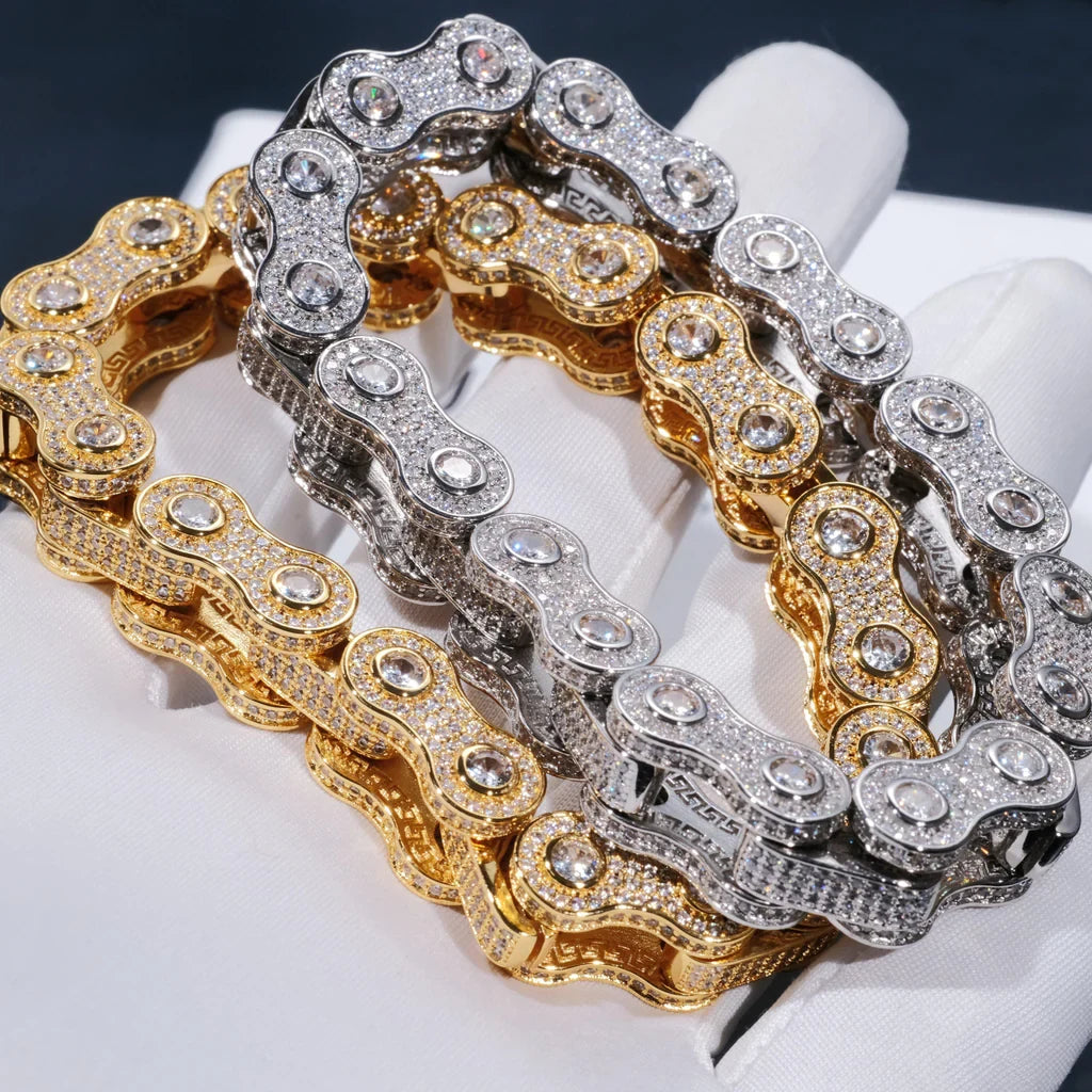 11mm full iced out bike chain link bracelet for men, 18k gold plated and white gold plated hip hop biker wrist jewelry, fully paved flawless VVS simulated diamonds all angles bling bling hand set no glue motorcycle chain bracelet, 7 inch 8 inch size heavy drip streetwear statement jewelry gift set with dust bag gift box warranty card RDRIP JEWELRY
