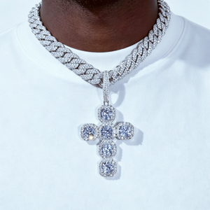 Iced Large Halo Gemstone Cross Pendant worn on black man neck, full iced out 6‑stone cushion halo cross pendant VVS simulated diamonds white gold plated hip hop jewelry, men streetwear bling cross necklace RDRIP JEWELRY
