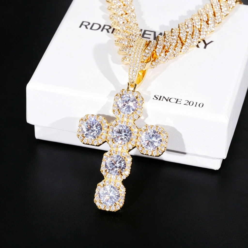 Iced Large Halo Gemstone Cross Pendant gold finish laid on RDRIP JEWELRY gift box SINCE 2016, full iced‑out 6‑stone cushion halo cross pendant set with VVS simulated diamonds gold plated, luxury men hip hop bling religious jewelry studio product shot RDRIP JEWELRY
