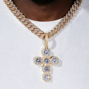 Iced Large Halo Gemstone Cross Pendant gold finish worn on black man neck with white crew neck t shirt, full iced‑out 6‑stone cushion halo cross pendant with VVS simulated diamonds gold plated cuban link chain, men hip hop streetwear bling religious necklace lifestyle shot RDRIP JEWELRY
