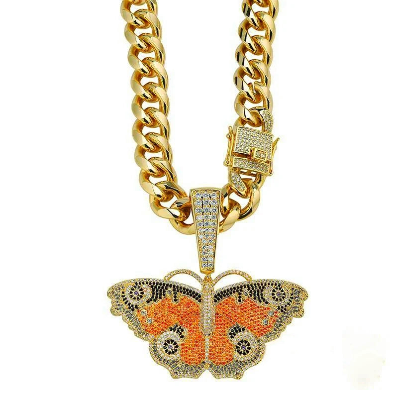 Iced Out Colorful Vintage Butterfly Pendant with multi colored cubic zirconia stones, matched heavy gold plated cuban link chain, full micro pave hip hop bling necklace charm on clean white background, street fashion rapper jewelry for men women RDRIP JEWELRY SINCE 2016
