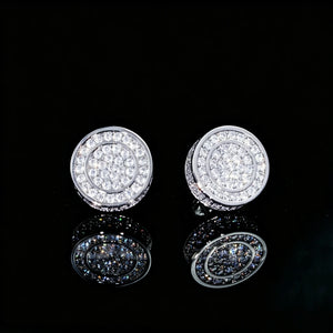 Iced Out Concentric Round Hip Hop Stud Earrings For Men, Silver Plated Double Circle Fully Paved Sparkling Screw Back Earrings, Bling Iced Hip-hop Streetwear Jewelry, Luxury Product Shot On Black Gloss Reflective Surface, RDRIP JEWELRY
