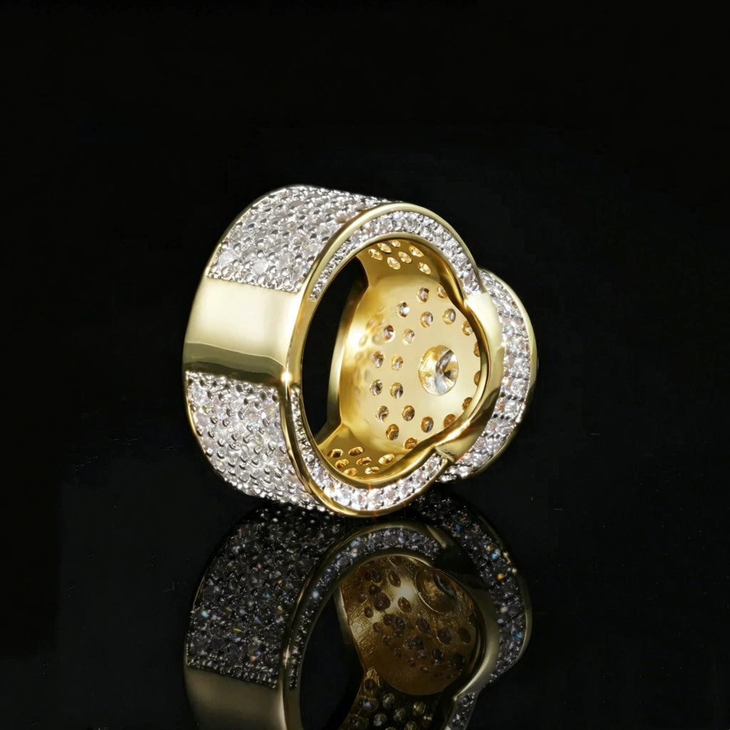 Men hip hop iced out dome ring back inner hollow cutout view full micro pave cubic zirconia real gold plated heavy wide band breathable hollow interior rapper bling statement jewelry RDRIP JEWELRY

