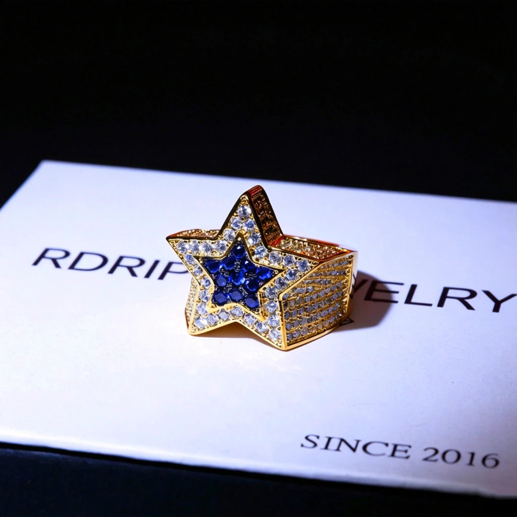 Gold tone iced out double pentagram star men hip hop ring, outer white AAA cubic zirconia stones with deep blue CZ inlay center, heavy wide band micro pave star statement ring for rap street fashion, luxury hip‑hop jewelry gift from RDRIP JEWELRY
