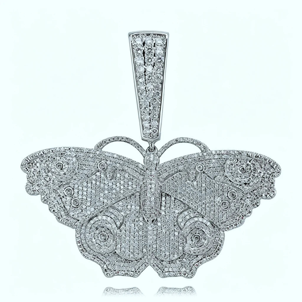 Iced Out Large Vintage Butterfly Pendant front studio product shot on clean white background, full micro pave AAA cubic zirconia micro inlay hip hop bling charm, 18k gold plated copper detailed engraved butterfly pendant for men and women RDRIP JEWELRY SINCE 2016

