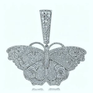 Iced Out Large Vintage Butterfly Pendant front studio product shot on clean white background, full micro pave AAA cubic zirconia micro inlay hip hop bling charm, 18k gold plated copper detailed engraved butterfly pendant for men and women RDRIP JEWELRY SINCE 2016
