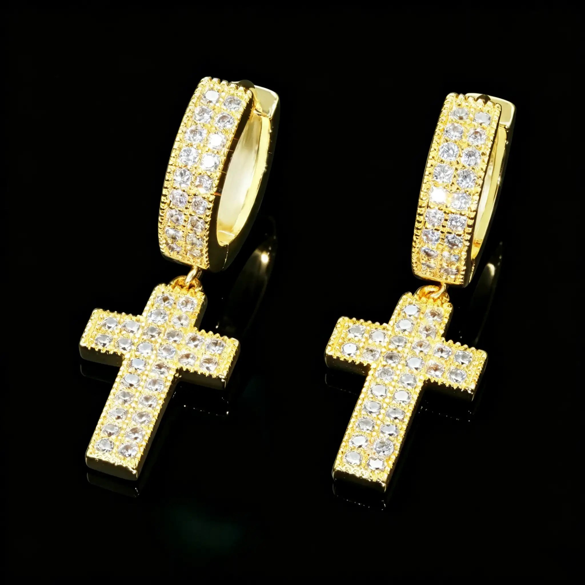 18k gold plated iced out micro pave full pave VVS simulated diamond cross drop huggie hoop earrings, unisex hip hop bling cross dangle hoop earrings trendy urban statement fashion jewelry for men and women, RDRIP JEWELRY
