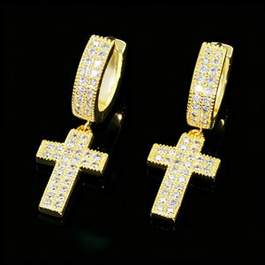 18k gold plated iced out micro pave full pave VVS simulated diamond cross drop huggie hoop earrings, unisex hip hop bling cross dangle hoop earrings trendy urban statement fashion jewelry for men and women, RDRIP JEWELRY
