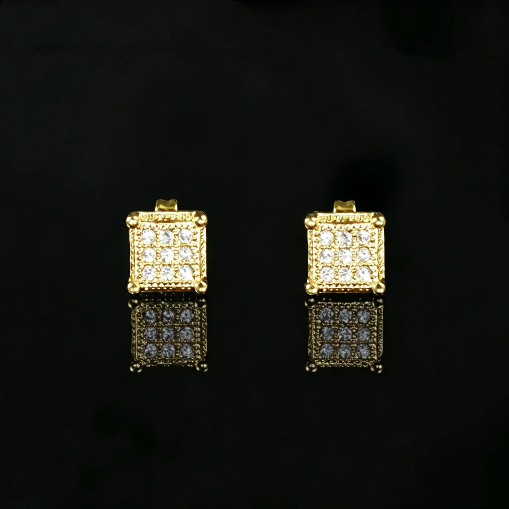 Iced Out Milgrain Square Screw Back Stud Earrings, Gold Plated Micro Pave VVS Simulated Diamond Square Earrings, Premium Hip Hop Bling Piercing Jewelry for Men Women RDRIP JEWELRY
