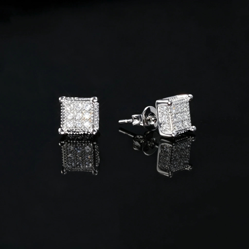 Silver Iced Out Milgrain Square Screw Back Stud Earrings, Silver Plated Micro Pave VVS Simulated Diamond Square Piercing Earrings with Secure Screwback Closure, Unisex Hip Hop Bling Jewelry Gift for Men Women RDRIP JEWELRY
