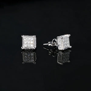 Silver Iced Out Milgrain Square Screw Back Stud Earrings, Silver Plated Micro Pave VVS Simulated Diamond Square Piercing Earrings with Secure Screwback Closure, Unisex Hip Hop Bling Jewelry Gift for Men Women RDRIP JEWELRY
