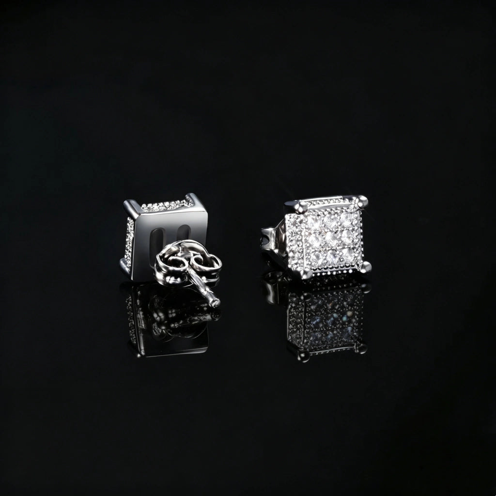 Silver Iced Out Milgrain Square Screw Back Stud Earrings, Silver Plated Micro Pave VVS Simulated Diamond Square Piercing Earrings with Secure Screwback Closure, Unisex Hip Hop Bling Jewelry Gift for Men Women RDRIP JEWELRY
