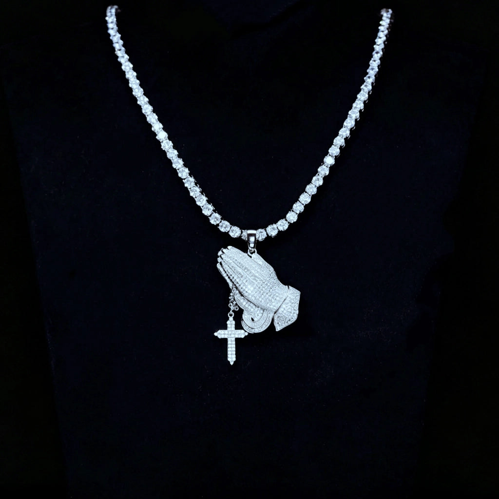 Iced out praying hands pendant with dangling cross charm, s925 silver white gold plated fully encrusted vvs simulated diamonds hip hop faith men necklace bling street wear jewelry RDRIP JEWELRY
