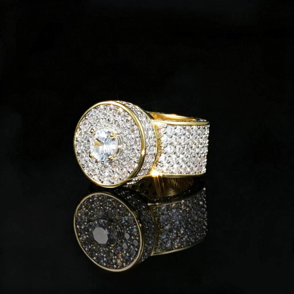 Men hip hop iced out round halo dome ring side view shot single center stone full micro pave cubic zirconia real gold plated heavy thick wide band rapper bling hip‑hop statement jewelry RDRIP JEWELRY

