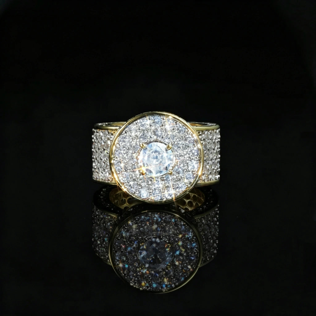 Men hip hop iced out round halo dome ring single large center stone full micro pave cubic zirconia real gold plated heavy wide band rapper bling statement jewelry RDRIP JEWELRY
