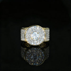 Men hip hop iced out round halo dome ring single large center stone full micro pave cubic zirconia real gold plated heavy wide band rapper bling statement jewelry RDRIP JEWELRY
