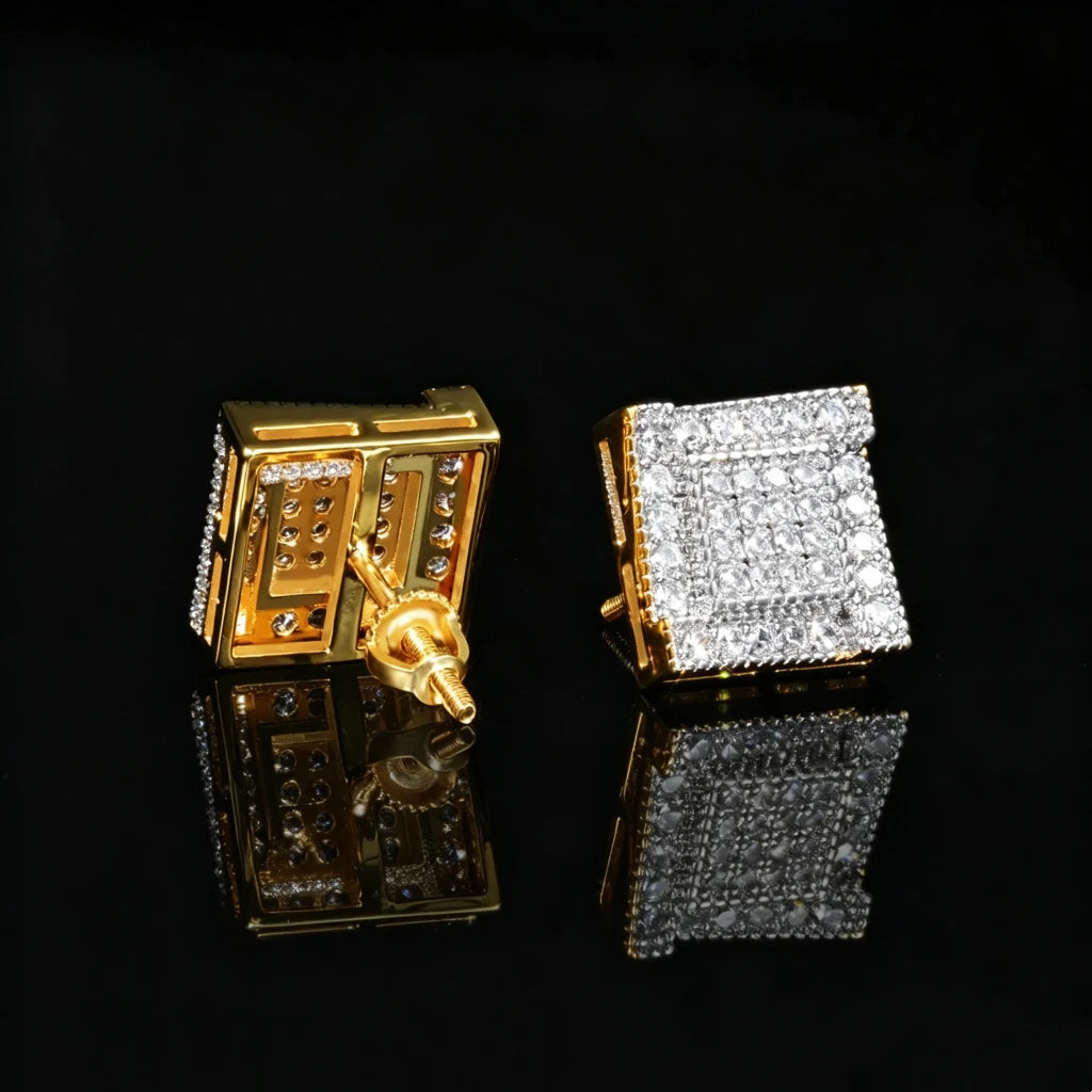 Iced Out Wide Frame Multi-Row Square Ladder Stud Earrings, Gold Plated Micro Pave VVS Simulated Diamond Square Piercing Earrings with Screw Back Closure, Unisex Hip Hop Statement Bling Jewelry Gift for Men Women RDRIP JEWELRY
