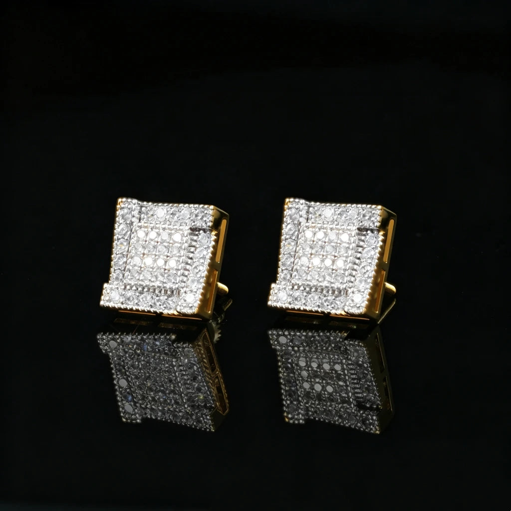 Iced Out Wide Frame Multi-Row Square Ladder Stud Earrings, Gold Plated Micro Pave VVS Simulated Diamond Square Piercing Earrings, Unisex Hip Hop Statement Bling Jewelry Gift for Men Women RDRIP JEWELRY
