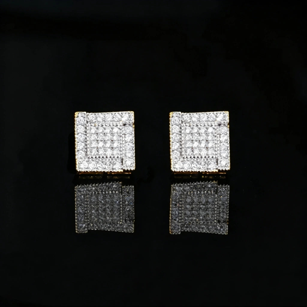Iced Out Wide Frame Multi-Row Square Ladder Stud Earrings, Gold Plated Micro Pave VVS Simulated Diamond Square Piercing Earrings, Unisex Hip Hop Statement Bling Jewelry Gift for Men Women RDRIP JEWELRY
