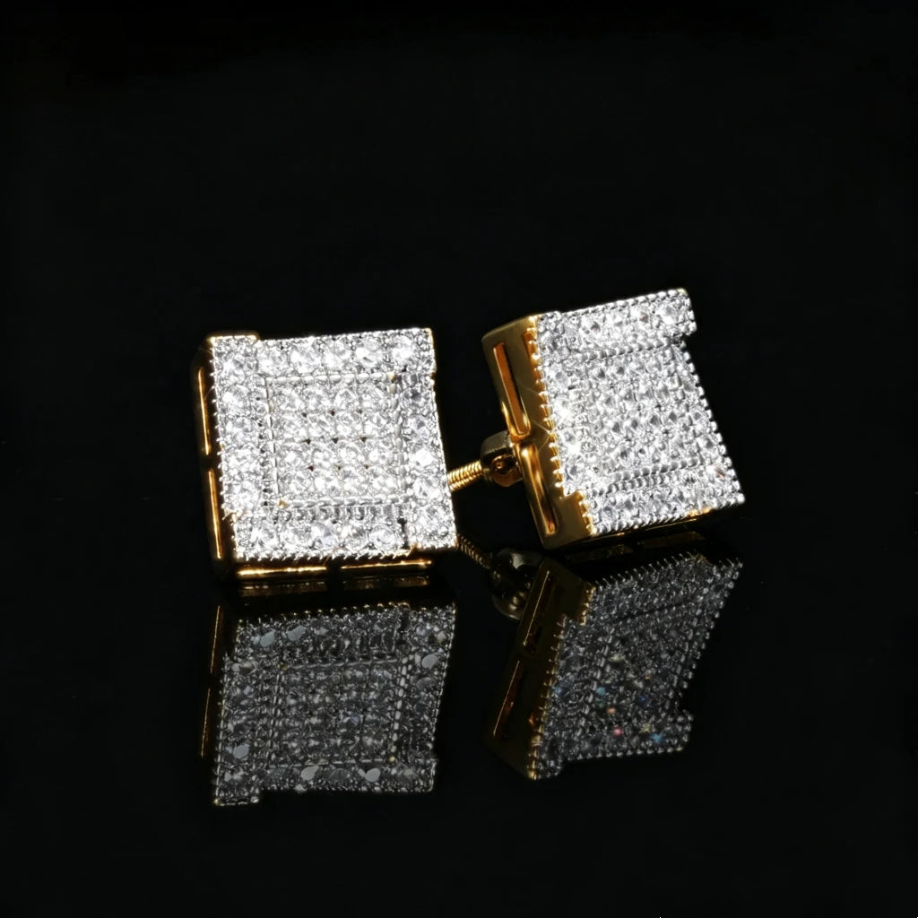 Iced Out Wide Frame Multi-Row Square Ladder Stud Earrings, Gold Plated Micro Pave VVS Simulated Diamond Square Piercing Earrings with Screw Back Closure, Unisex Hip Hop Statement Bling Jewelry Gift for Men Women RDRIP JEWELRY
