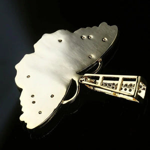 Iced Out Vintage Butterfly Pendant back side close‑up view on dark background, gold‑toned smooth metal back plate with rivet details, hollow open bail construction, showing internal craftsmanship and build quality of hip hop bling charm pendant RDRIP JEWELRY SINCE 2016
