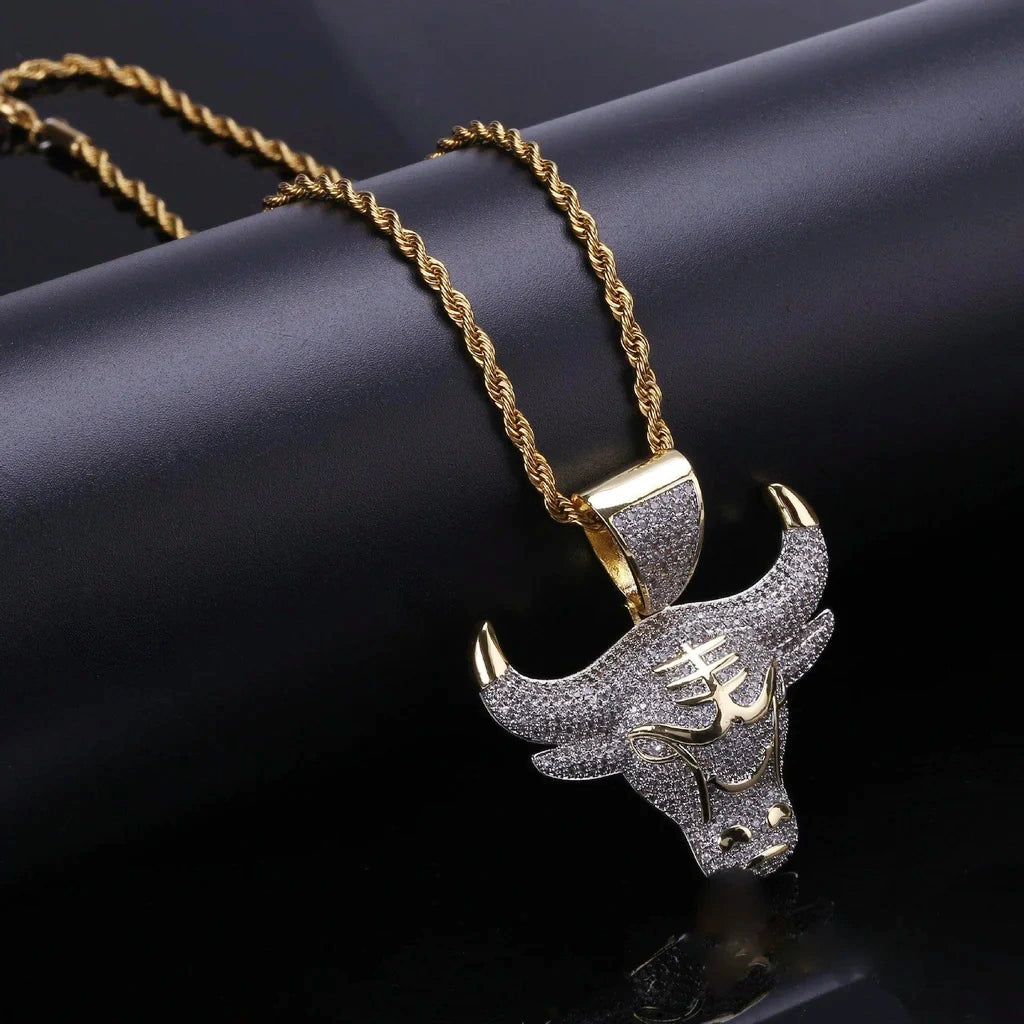 Two tone 18k gold plated iced out bull head pendant matched with gold rope chain, full micro paved sparkling cubic zirconia stones, hip hop mens necklace set, icy ox head charm street wear jewelry RDRIP JEWELRY SINCE 2016
