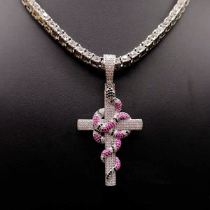 iced out coral snake wrapped cross pendant matched with full stone tennis chain silver tone finish micro paved pink black cubic zirconia serpent cross hip hop necklace for men street bling jewelry RDRIP JEWELRY
