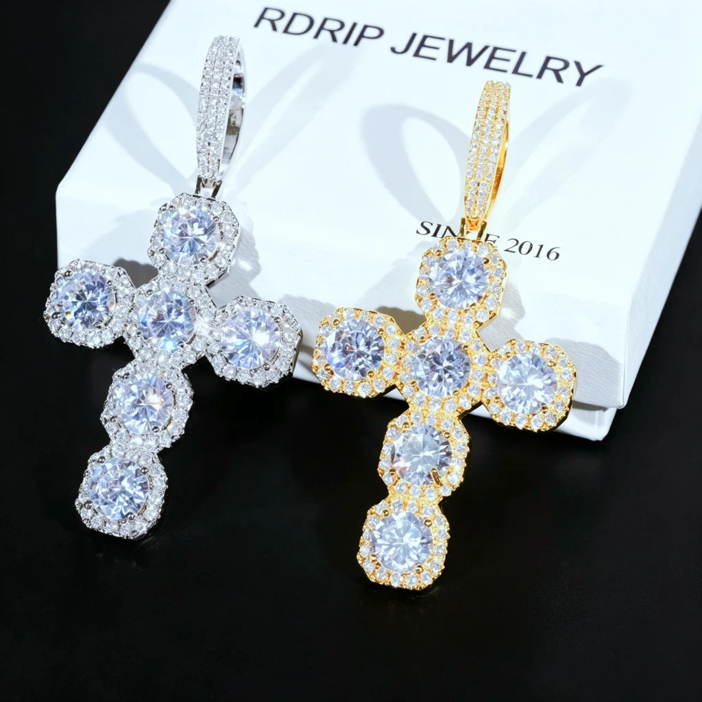 Iced Large Halo Gemstone Cross Pendant silver and gold version side by side comparison shot, two full iced‑out 6‑stone cushion halo cross pendants with VVS simulated diamonds placed on RDRIP JEWELRY gift box against pure black background, men hip hop bling religious necklace two color options product display RDRIP JEWELRY
