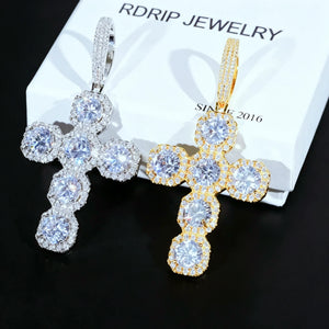 Iced Large Halo Gemstone Cross Pendant silver and gold version side by side comparison shot, two full iced‑out 6‑stone cushion halo cross pendants with VVS simulated diamonds placed on RDRIP JEWELRY gift box against pure black background, men hip hop bling religious necklace two color options product display RDRIP JEWELRY
