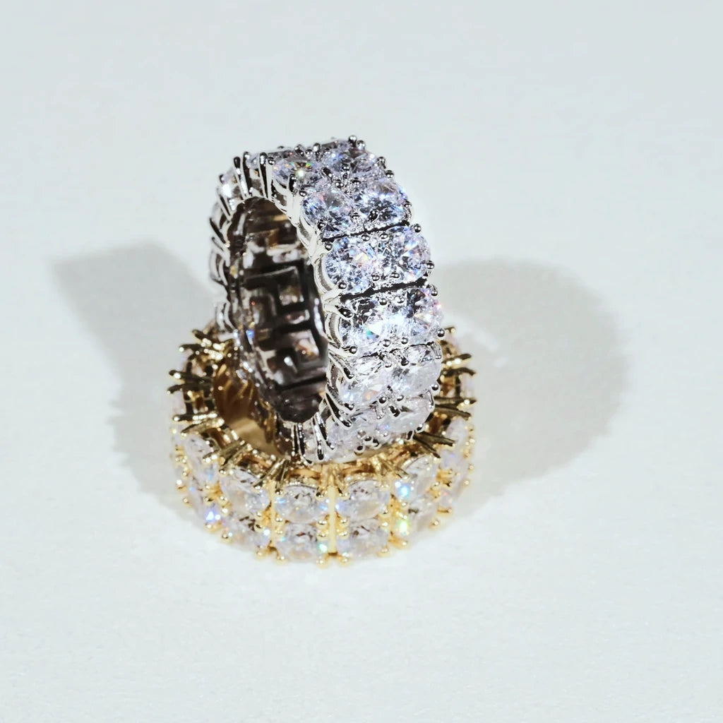 Iced micro pave double row band ring gold and silver tone stacked display, hand‑set prong‑lifted cubic zirconia full icy eternity ring for men and women, brilliant bling hip‑hop plated statement jewelry for streetwear party occasions RDRIP JEWELRY
