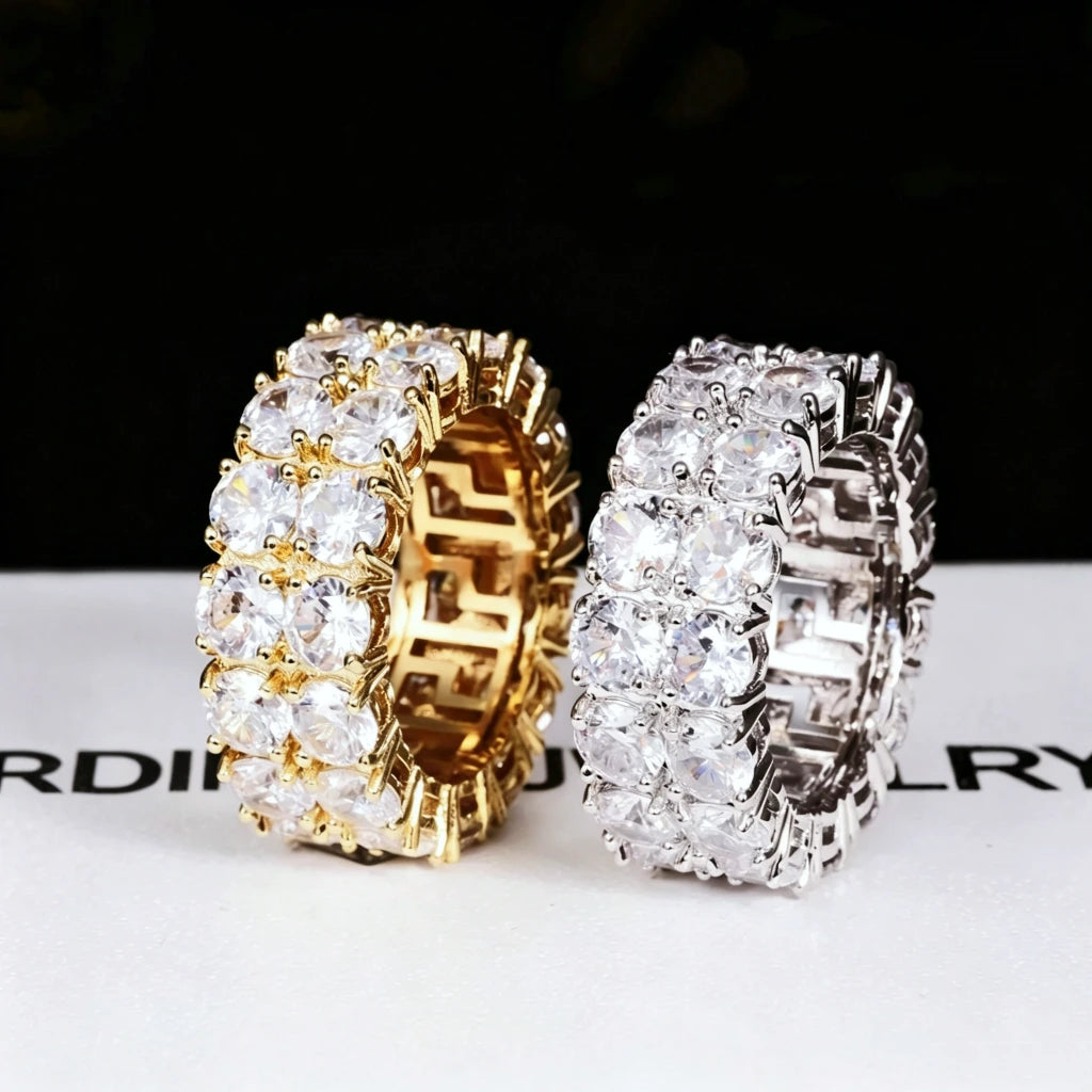 Iced micro pave double row band ring, men women hip hop bling ring set available in gold plated and silver tone, hand‑set cubic zirconia eternity band ring, shiny icy statement fashion jewelry for party daily wear RDRIP JEWELRY
