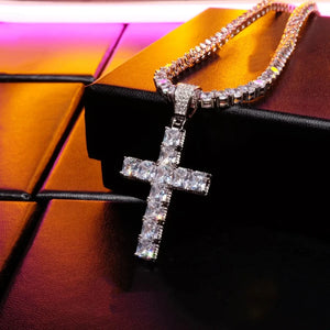 Iced out bling bling baguette cut cross pendant hip hop jewelry for men women, full vvs simulated diamond stainless steel cross necklace, high polished smooth back streetwear pendant RDRIP JEWELRY
