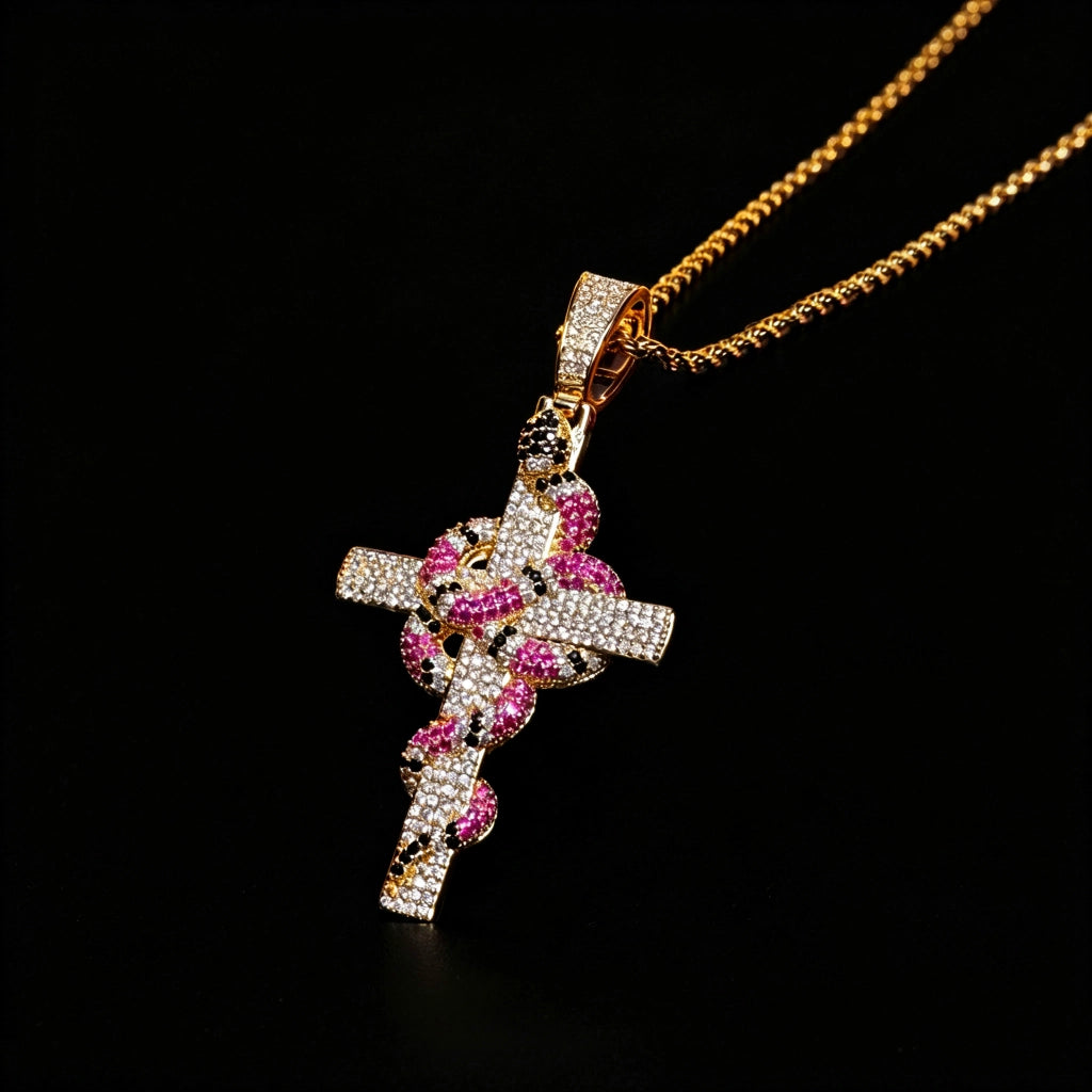 14k gold plated iced out coral snake wrapped cross pendant full micro paved pink black cubic zirconia serpent twisted cross hip hop necklace for men streetwear bling jewelry RDRIP JEWELRY
