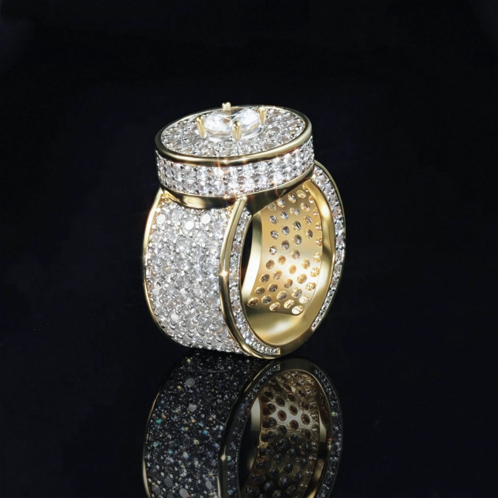 Men hip hop iced out dome wide band ring double center stone full micro pave cubic zirconia real gold plated heavy thick statement rapper jewelry RDRIP JEWELRY
