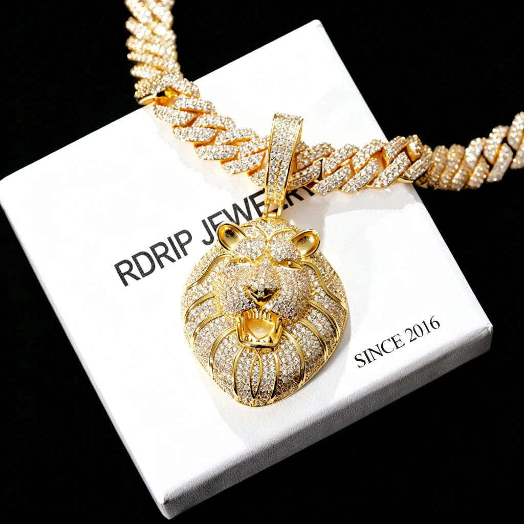 Iced Out Full Pave Roaring King Lion Pendant Necklace, 18K gold plated full pave flawless VVS simulated diamonds heavyweight men hip hop iced jewelry with free matching chain displayed on RDRIP JEWELRY gift box
