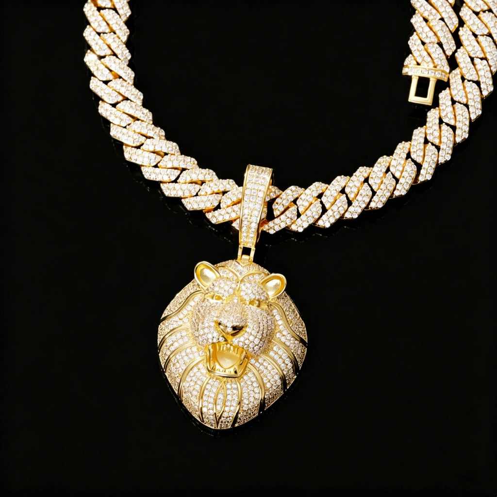 Iced Out Full Pave Roaring King Lion Pendant Necklace paired with full iced cuban link chain, 18K gold plated flawless VVS simulated diamonds men hip hop street jewelry against pure black background RDRIP JEWELRY
