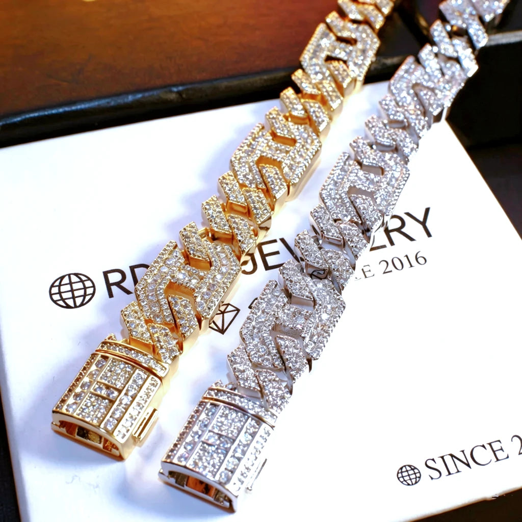 Iced out geometric polygon cuban link bracelet for men, 14mm wide hollow multi‑sided prong set VVS simulated cz diamonds micro pave hip hop street jewelry, gold plated and white gold plated two‑tone bling rapper bracelet displayed on RDRIP JEWELRY branded card, heavy baller style icy mens statement wrist bracelet RDRIP JEWELRY